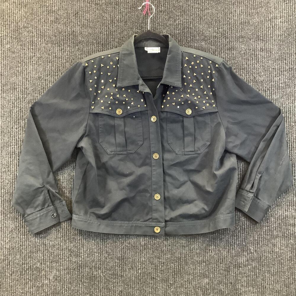 Saint Germain Jacket Womens Large Black Studded Cotton Button Front Made USA